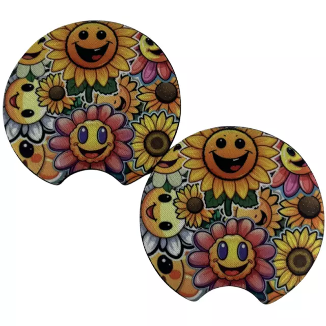 Car Coasters Colorful Smiley Face Flowers Set of 2 Neoprene Absorbent 2