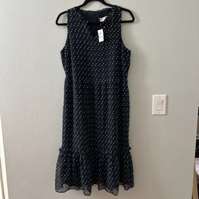 NWT Loft Navy Blue Chiffon Swiss Dot Ruffle Dress Women's Size 8