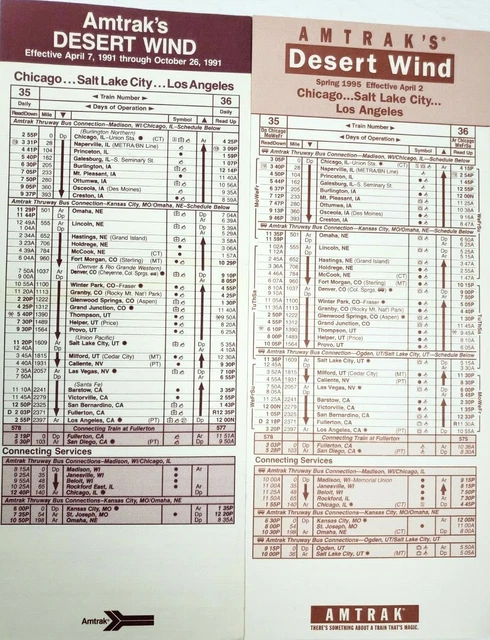 Amtrak Desert Wind Lot of 2 Timetable Cards Vintage 1991 1995 Railroad Train