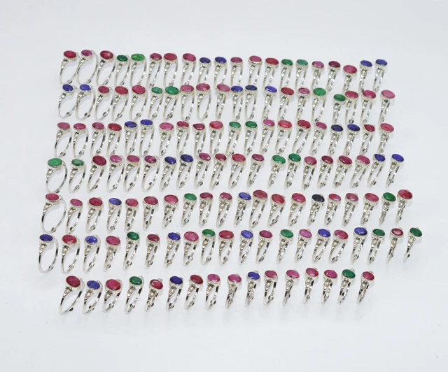 Wholesale 136PC 925 Sterling Cut Simulated Ruby Emerald Mix Ring Lot W627