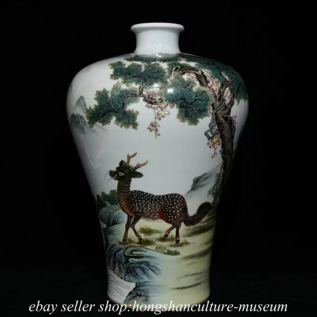 13.8" Yongzheng Marked Chinese Famille rose Porcelain Tree Deer Plum Bottle