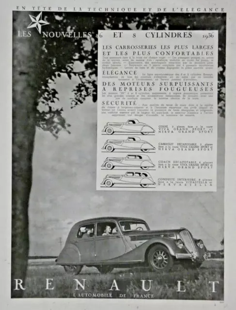 PUBLICITÉ DE PRESSE 1935 RENAULT LA NOUVELLES 6 et 8 CYLINDRES COUPÉ VIVA SPORT