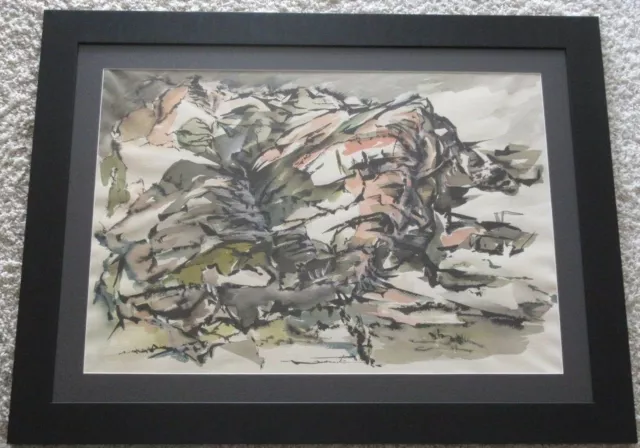Mid Century Mystery Artist Signed Modernist Mountain Abstract Expressionist Wc