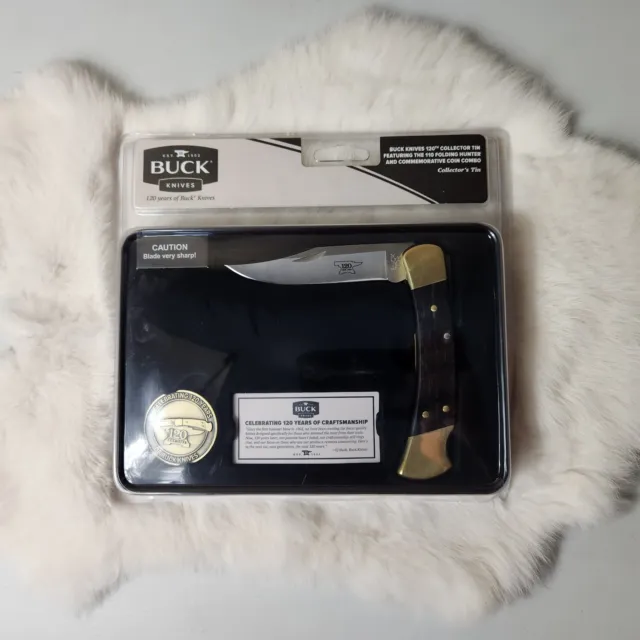 Buck Knives 110 Folding Hunter with Coin, 120th Anniversary Knife Tin (NIB)