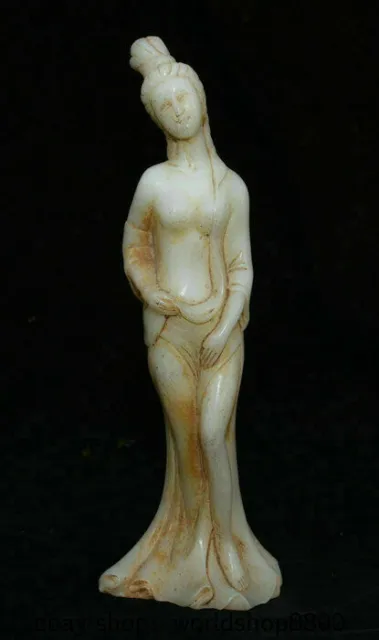 8" Old Chinese White Jade Carving Dynasty Palace Beauty Belle Statue Sculpture
