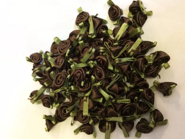 20 X Mini Small Brown Satin Ribbon Rose Buds Flowers with Green Leaves