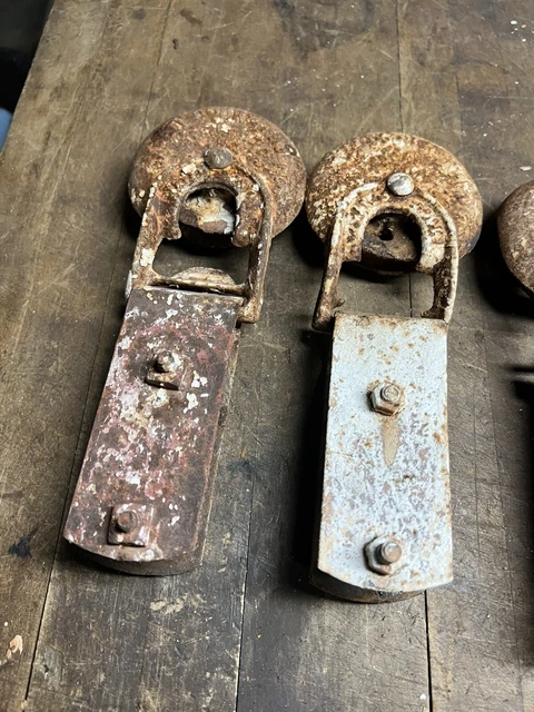 Antique Old Myers Stay On Ok cast iron Barn Door Rollers Hangers 2 Pairs 2 Sets 2