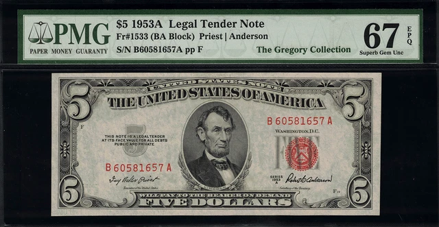 1953A $5 Legal Tender FR-1533 - Graded PMG 67 EPQ - Superb Gem Uncirculated