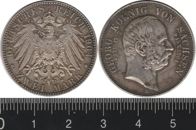 Germany - Saxony: 1904E Two Mark Georg of Saxony  silver Zwei Mark. EF/aU Scarce