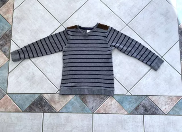 Boys Size 8 Knit Jumper Ollie's Ollies Place Grey Blue Stripes w Brown Shoulders