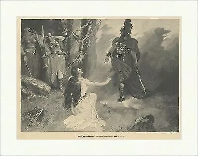 Wotan und Brunnhilde Gemälde Leeke Krieger Walküre Wagner Holzstich E 21519