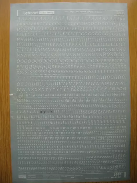 1 x Letraset Upp/Low/Num PALATINO ITALICS 24pt 5.8mm Sheet 3833  (bb)