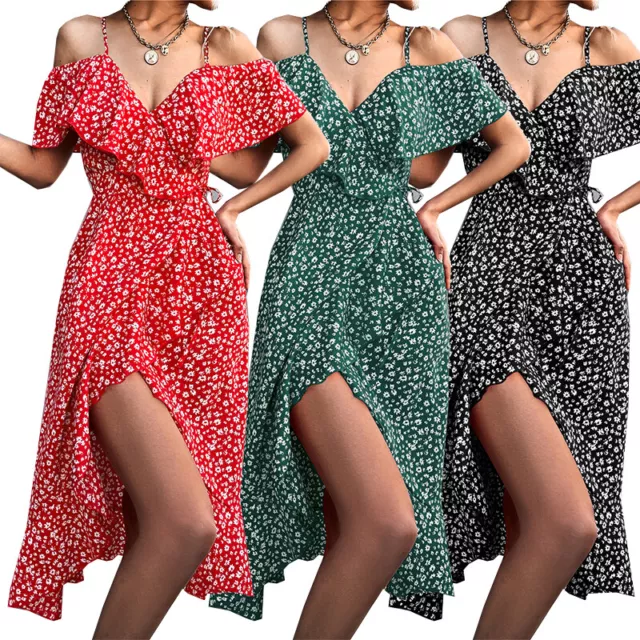 🔥 Plus Size Womens Boho V-Neck Midi Dress Ladies Floral Summer Cami 》