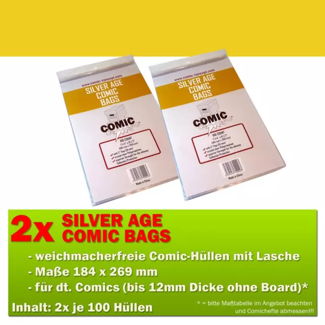 200x Comic Concept Silver Age Comic Bags Hüllen m. Lasche 184 x 269 mm