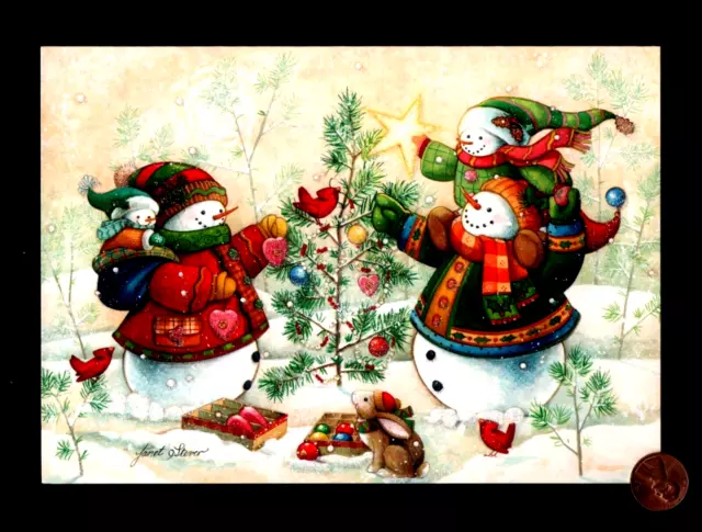 CHRISTMAS Snowmen Decorating Tree Cardinals Bunny Rabbit - Greeting Card