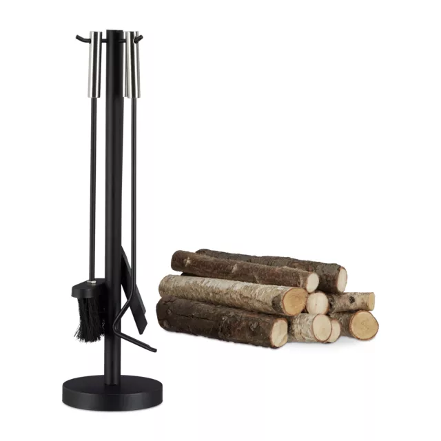 Utensilios chimenea, Juego de 4 piezas, Acero, Kit de accesorios modernos, Negro