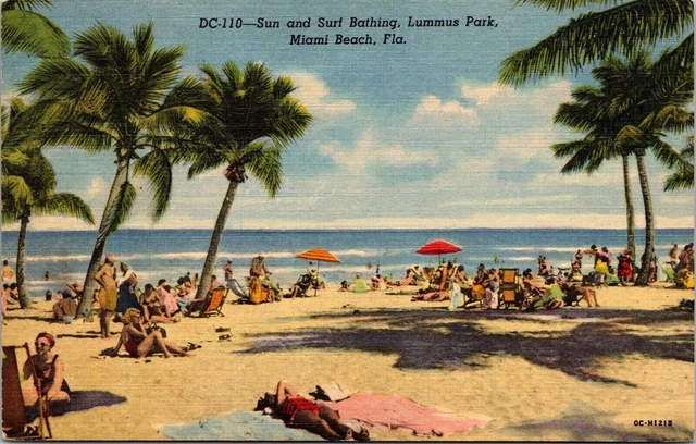 Sun Surf Bathing Lummus Park Miami Beach Florida FL Linen Postcard UNP WOB Note