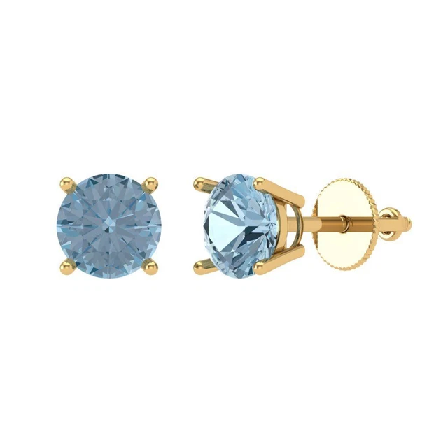 Boucles D'Oreilles Puces En Or 18K Avec Aigues-Marine 6mm - Fermoir Alpa - Occasion