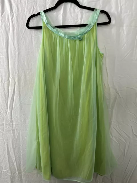 Vintage 60s Lingerie Nightie Nylon Chiffon Baby-Doll Negligee Lime Peignoir Sz M