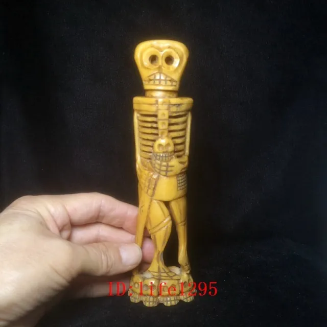 H 7.2 inch Old Asian Chinese Hand Carved Skull Skeleton Statue Gift Collection