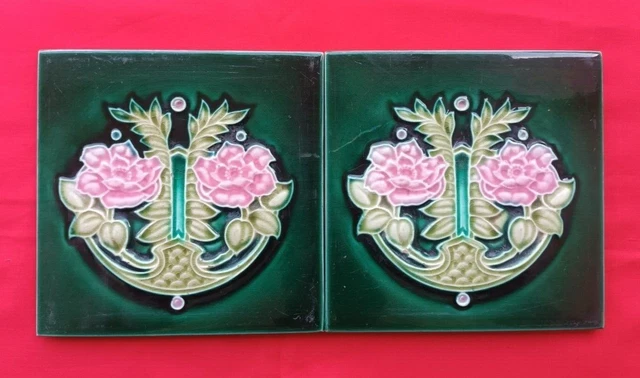 2 Piece Old Art Deco Floral Design Embossed Majolica Ceramic Tiles England 0157 2