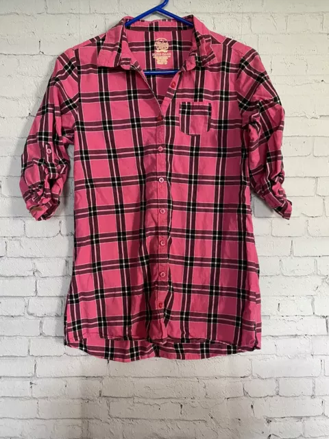 Faded Glory Top Girls XL Pink Black Plaid Roll Tab 3/4 Sleeve Button Down