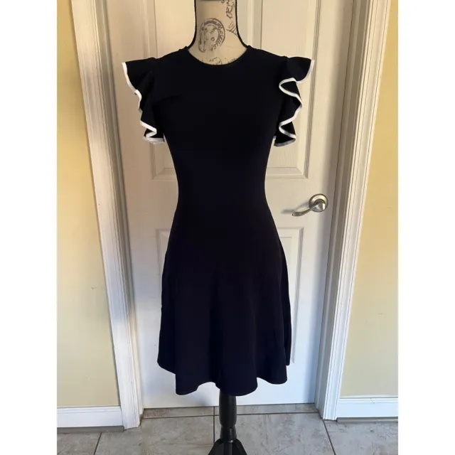 Shoshanna Saya Knit Scoop Neck Mini Dress Navy Blue Flutter Sleeve Small