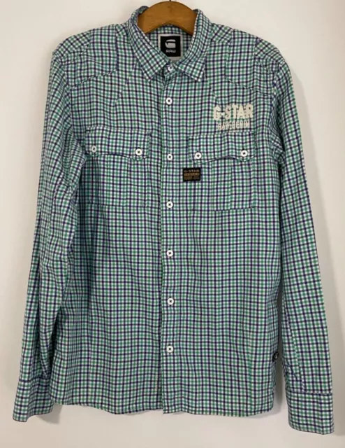 G-Star Raw Check mens cotton green blue long-sleeve lightweight button shirt L