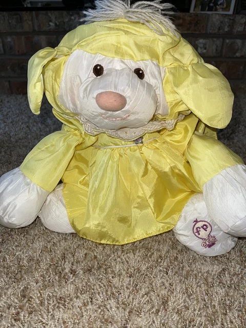 1986 Vintage Fisher Price 15" Yellow Plush Stuffed Lamb in Dress Puffalump 8005
