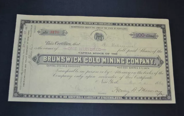 Brunswick Gold Mining Company 1889 stock certificate Grass Valley California
