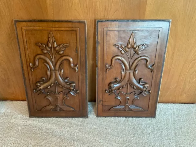 Pair French Architectural Wood Door Panels Hand Carved Scrolling Leaves Dolphins