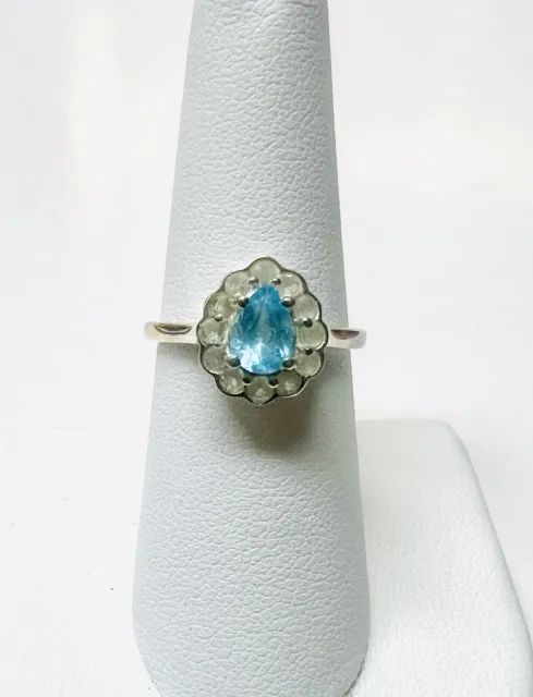 Sterling Silver Blue Topaz And Cubic Zirconia Halo Ring Sz 7.25
