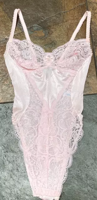 523 OLGA Small  PINK Shiny Satin & Lace Hi Cut Bodysuit Teddy #11107 VINTAGE