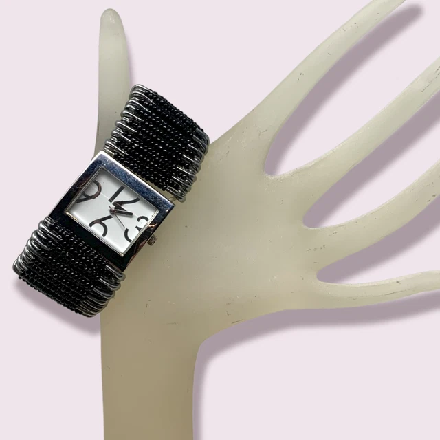 Vintage Y2K Watch Whimsical Safety Pins and Black Beads Stretch Band Artsy Punk