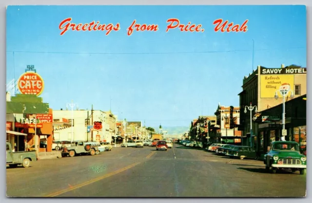 Postcard Greetings Price Utah Main Street View Old Cars Signs College Town VNG