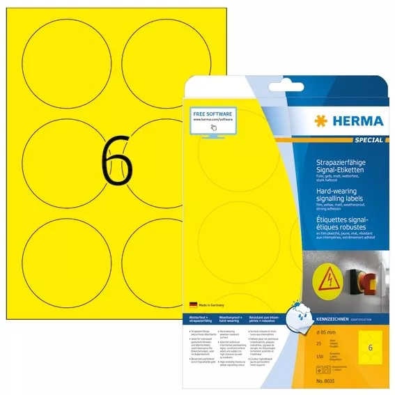 HERMA 8035 Signal-Schilder strapazierfähig A4 Ø 85 mm rund gelb stark haftend Fo