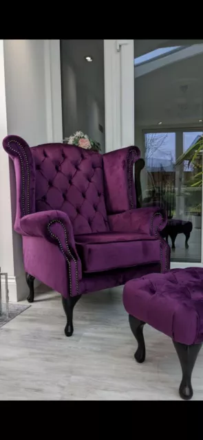 Luxury UK Handmade Suede Chesterfield Armchair + Matching Footstool PURPLE NEW