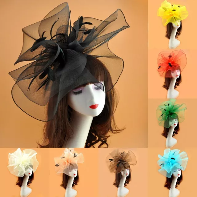 Women Mesh Flower Fascinator Hair Clip Ribbons Feathers Bride Party Headpiece