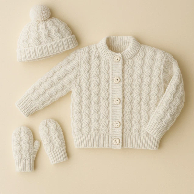 thumbnail interactive-video image 1 of Baby Knitting Pattern: Jacket, Cardigan & Hat Set – 16-26" Double Knit DK – King Cole KC4492 1 of 3