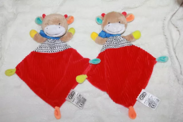 Doudou Mots D'enfants Vache Plat Rouge Beige Echarpe  Bleu Vert Lot De 2 Neuf