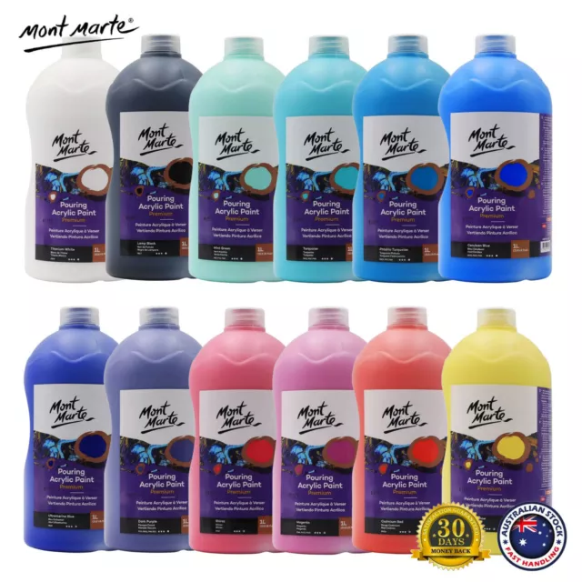 1L Mont Marte Acrylic Pouring Paint Large Bottle Art Canvas Pre-mixed 12 Colours