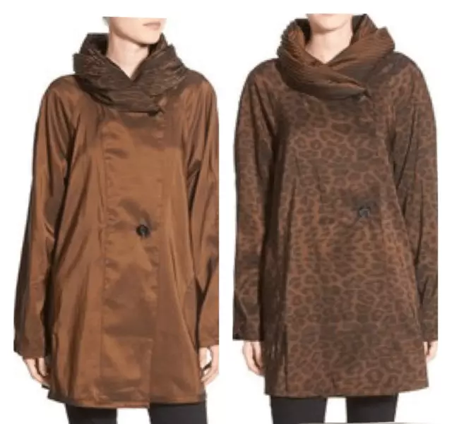 Mycra Pac Designer Wear Leopard Reversible Pleat Hood Packable Travel Coat