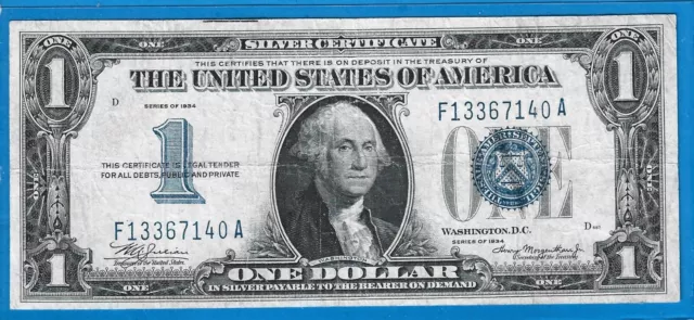 1934 $1 Silver Certificate-Funny Back Note,Blue Seal,Circ VF,Nice!