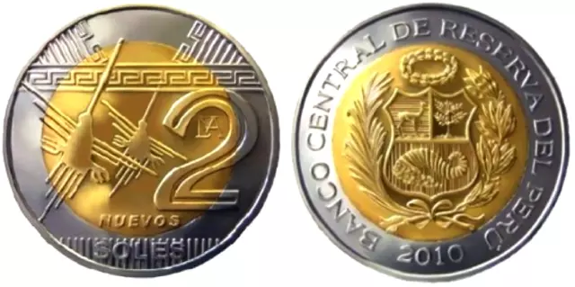 Peru 🇵🇪 Km 343* 2 Nuevos Soles* Nd 2010* Bimetallic* Unc* Usa Seller