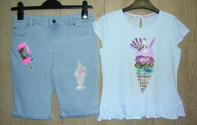 MONSOON Girls Sequin Sundae T-shirt Denim Short Set Outfit Age 9-10 140cm