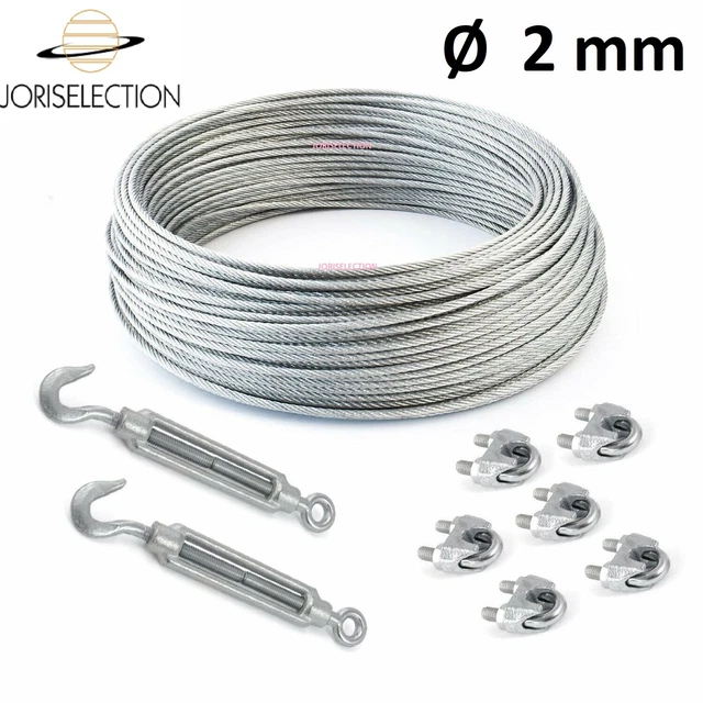 Câble acier galvanisé  Ø  2 mm + 6 serre-câble et 2 tendeurs  LONGUEUR  AU CHOIX