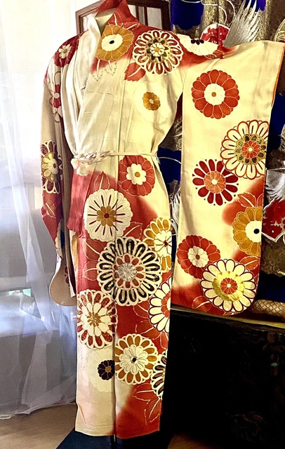 Japanese Silk Furisode Kimono / Embroidery / Flower Design.  From Japan. Used