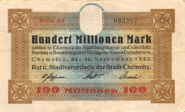 100 Millionen Mark 1923 Chemnitz Banknote Gutschein