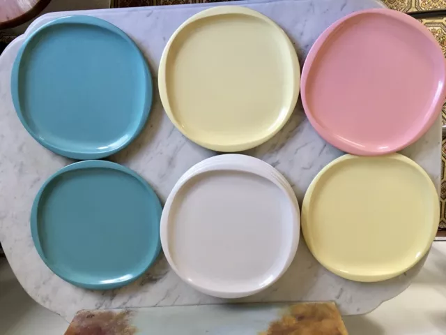 Lot of 9 Boonton Ware 10” Dinner Plates Made In Boonton  Blue Yellow Pink White 3