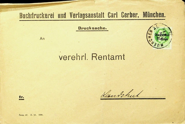Sephil Deutschland Bayern 1919 Post WWI 5pf Ovpt Auf Abdeckung Von Muenchen Sich